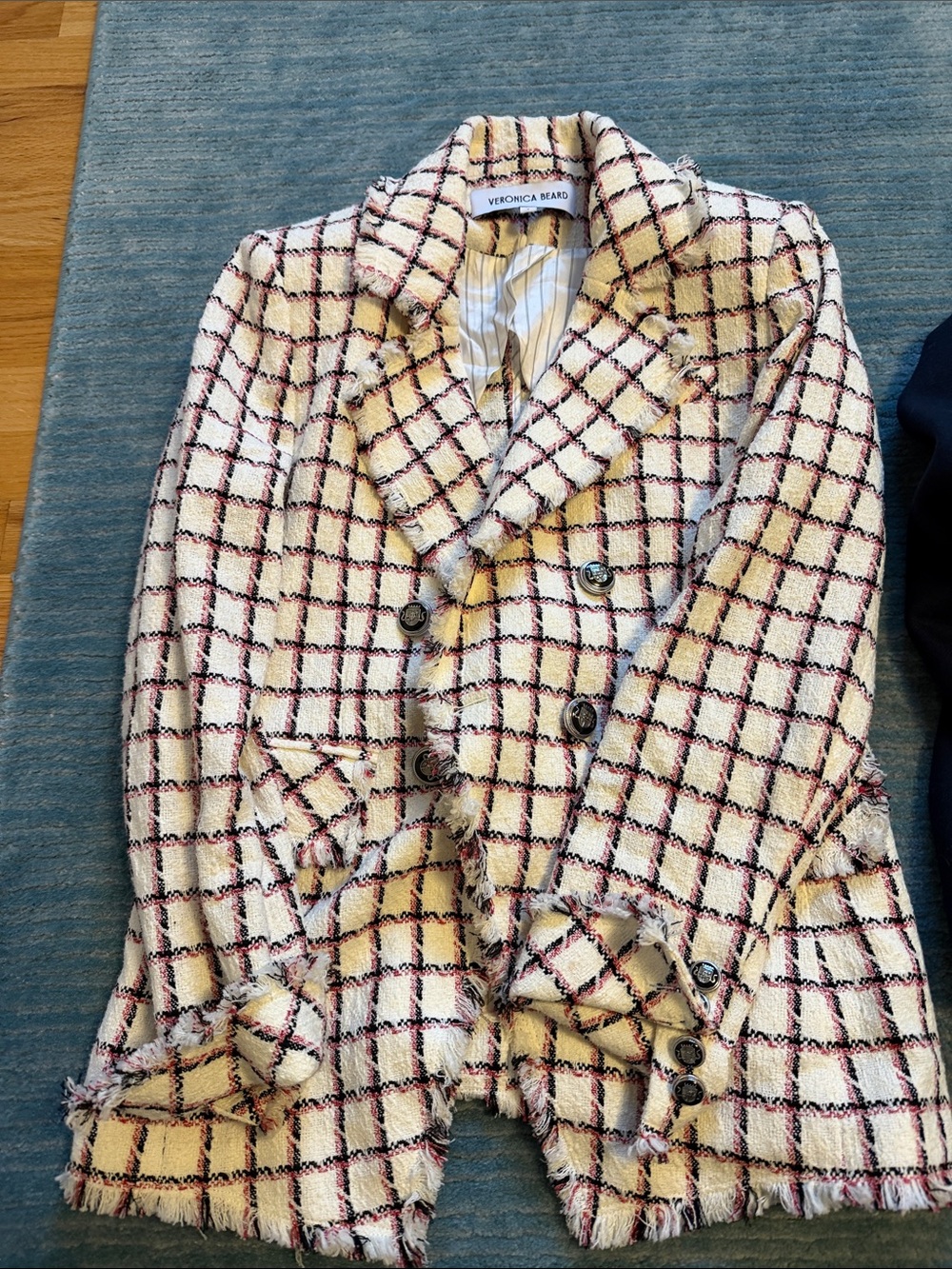 Veronica Beard Cream Plaid Tweed Double-Breasted Blazer